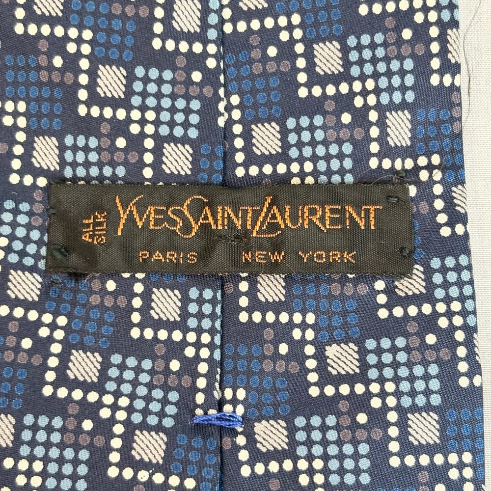 Vintage Yves Saint Laurent Silk Necktie Blue Geometric Print 1980s - Picture 5 of 8